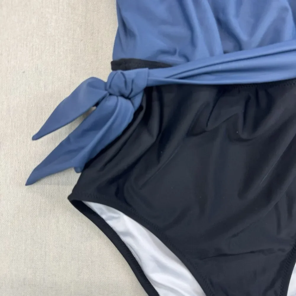 CUPSHE One Piece Swimsuit M Blue White Black Colorblock Wrap Tie NWT Medium
